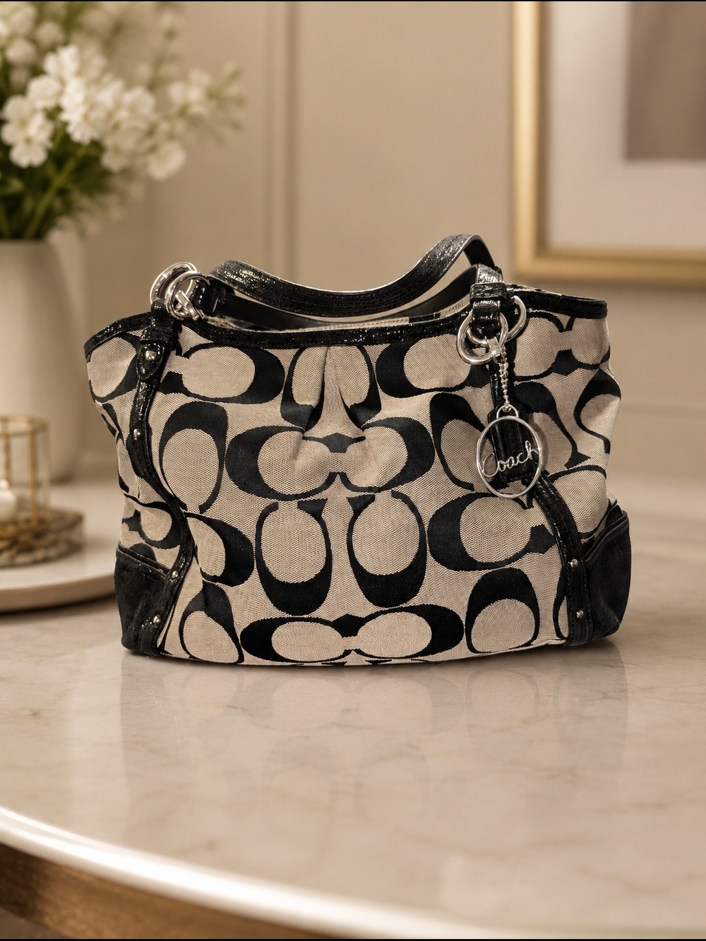 Coach Signature Canvas Tote Bag Black & Khaki Leather Trim Shoulder Purse F20067
